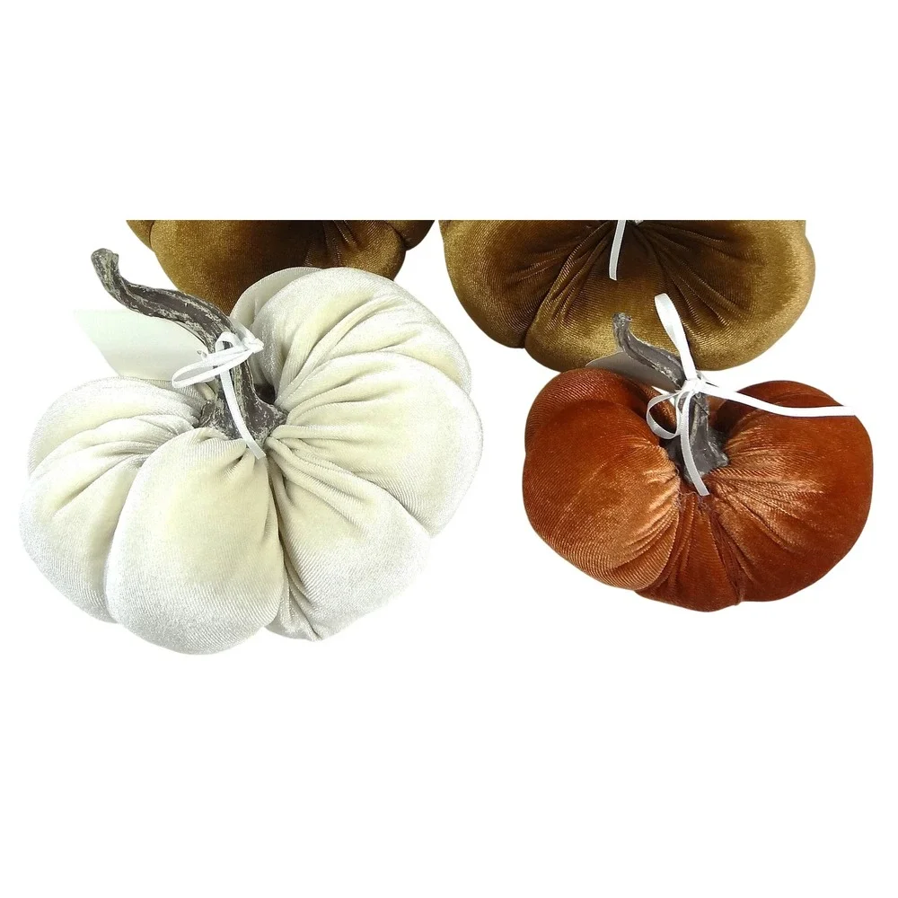 NWT Set of 4 Velvet Pumpkins Fall Decor Rustic Farmhouse Copper‎ Ivory Rust